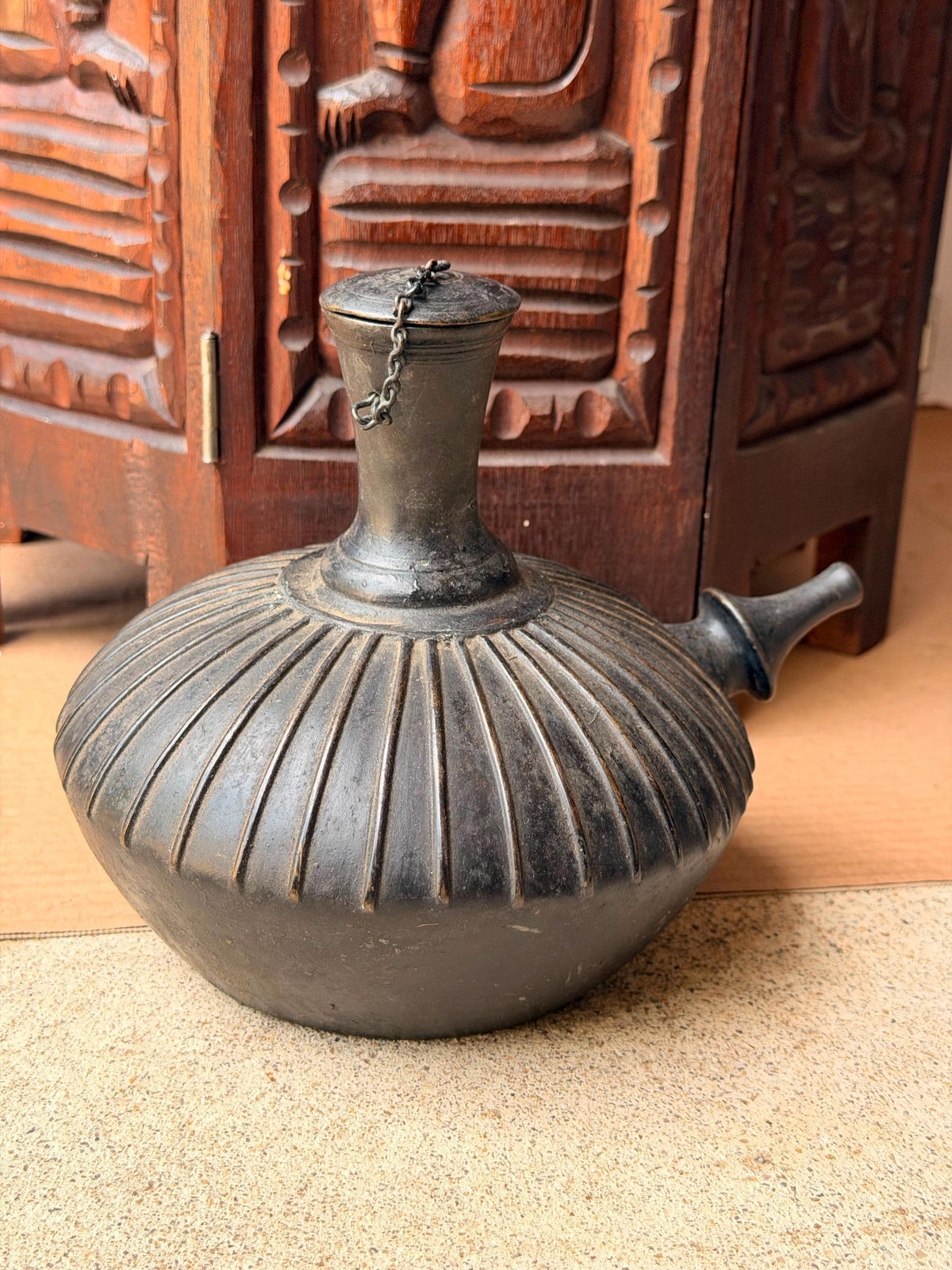 Vintage Ribbed Bronze Kendi Vessel Spouted Ritual Water Pot Chained Cap
