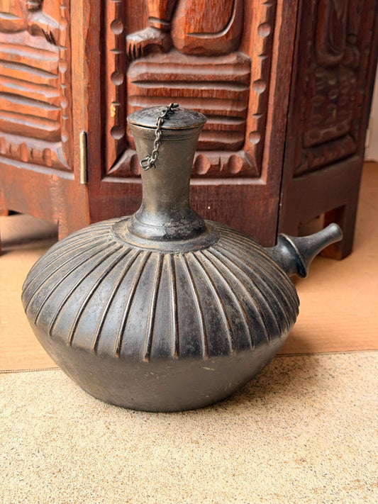 Vintage Ribbed Bronze Kendi Vessel Spouted Ritual Water Pot Chained Cap