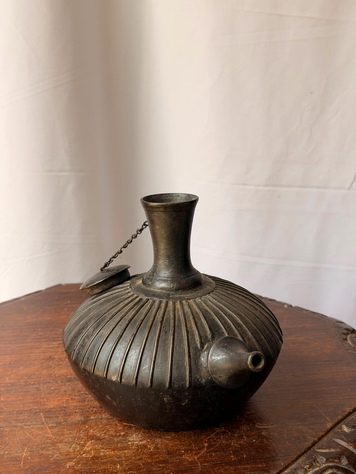 Vintage Ribbed Bronze Kendi Vessel Spouted Ritual Water Pot Chained Cap