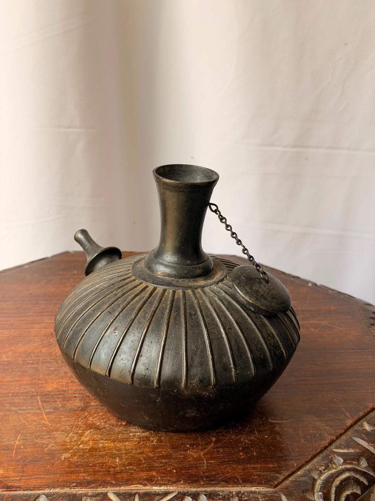 Vintage Ribbed Bronze Kendi Vessel Spouted Ritual Water Pot Chained Cap