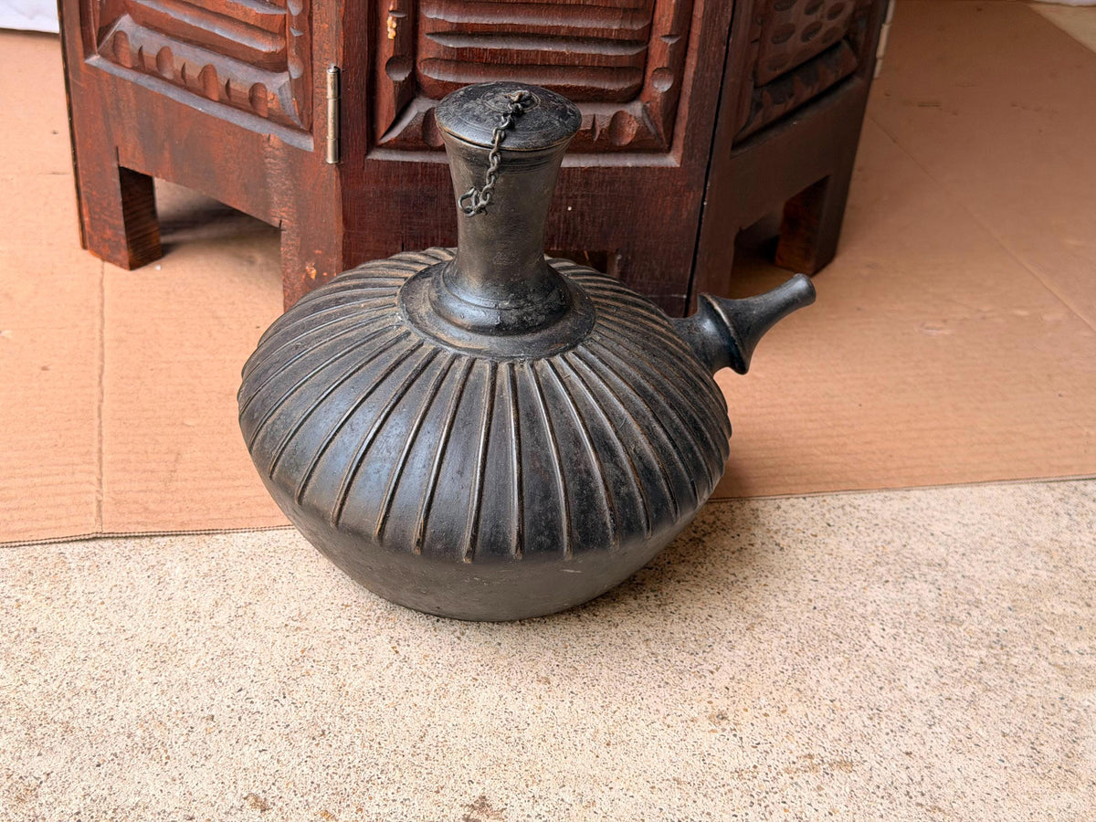 Vintage Ribbed Bronze Kendi Vessel Spouted Ritual Water Pot Chained Cap