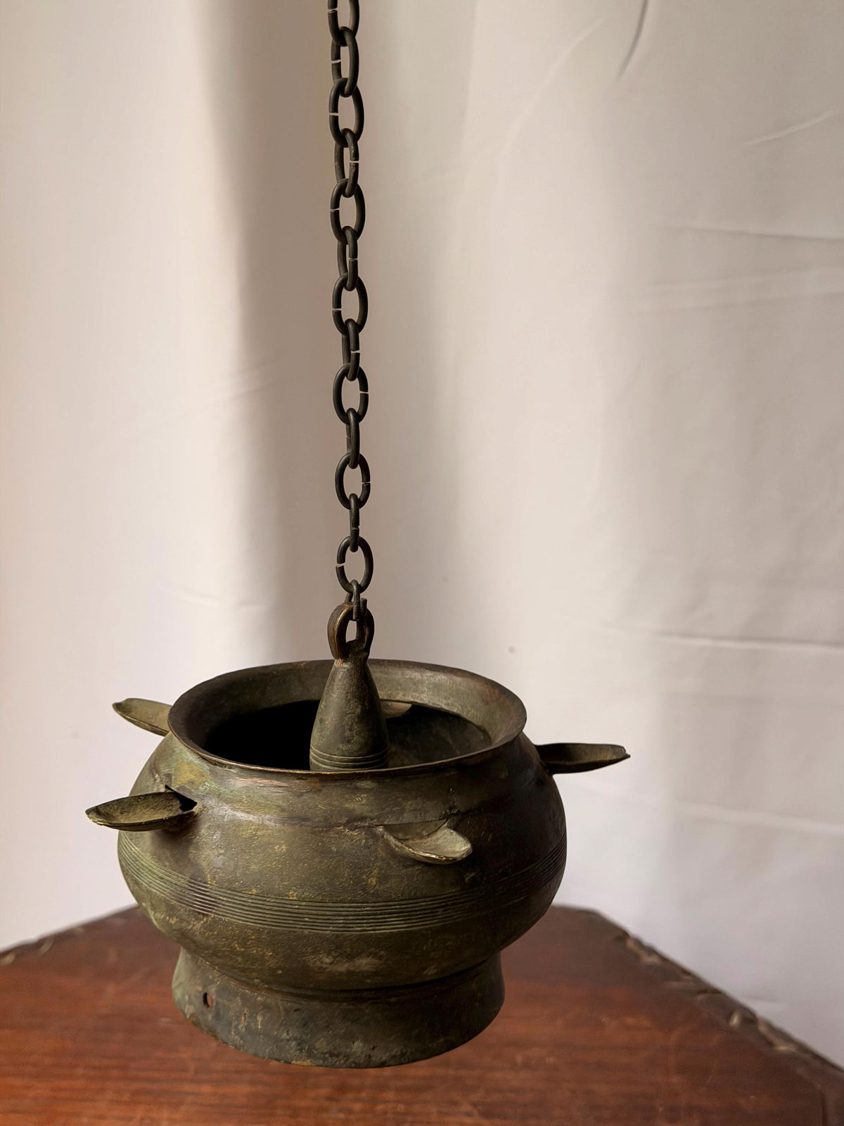 Vintage Brass Hanging Temple Oil Vessel Spouted Ritual Altar Censer Chain