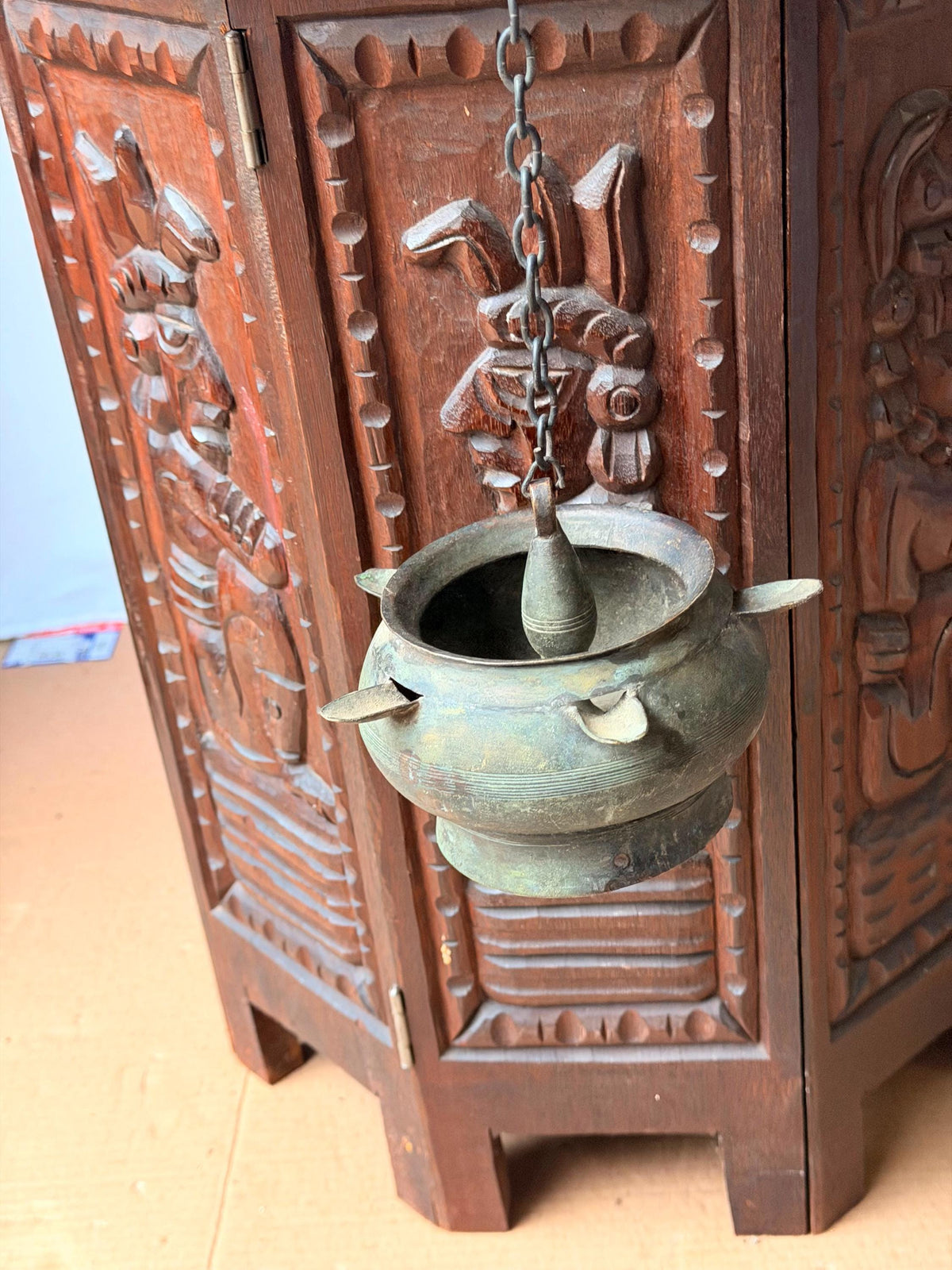 Vintage Brass Hanging Temple Oil Vessel Spouted Ritual Altar Censer Chain