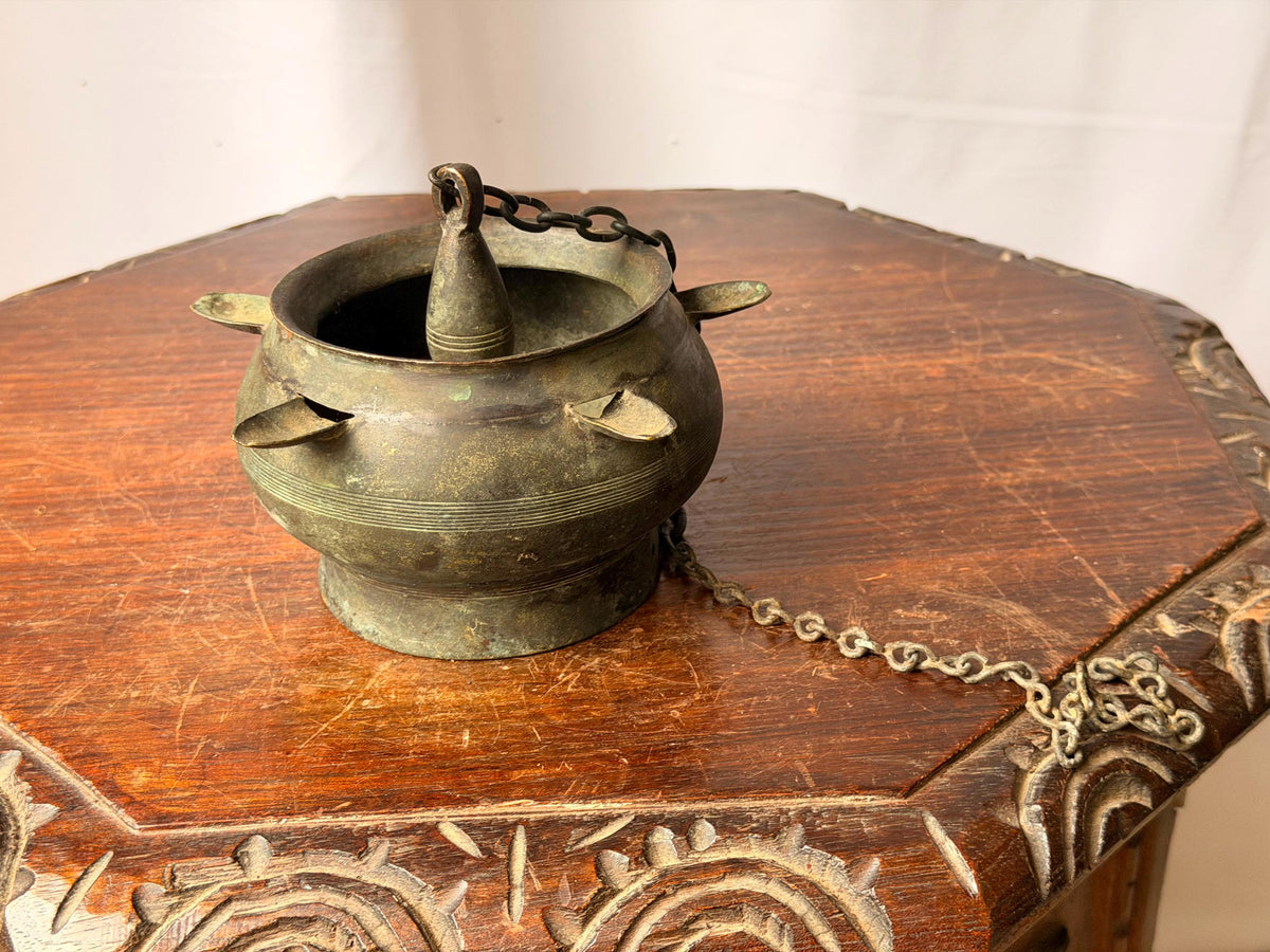 Vintage Brass Hanging Temple Oil Vessel Spouted Ritual Altar Censer Chain