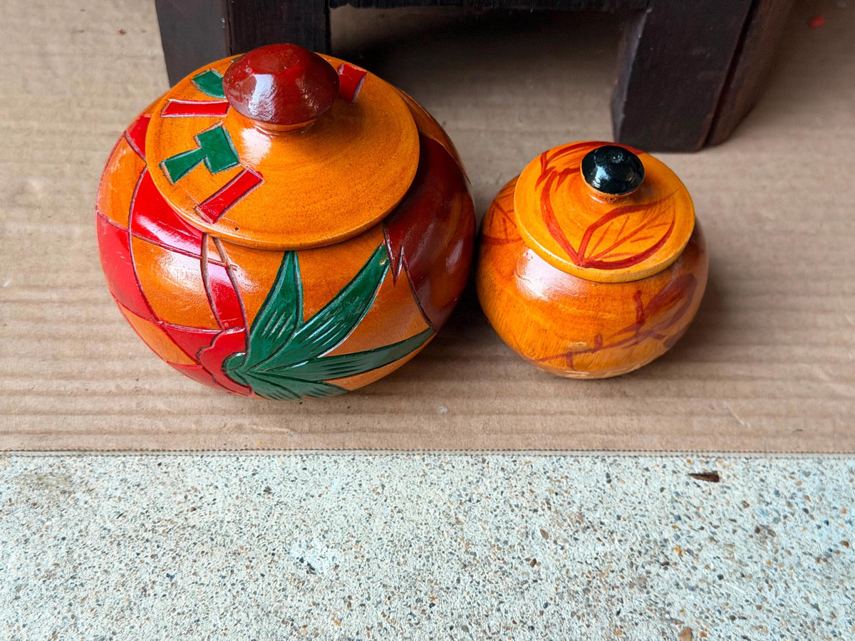 Vintage Carved Wood Lidded Jars Set Hand Painted Haitian Caribbean Folk Art