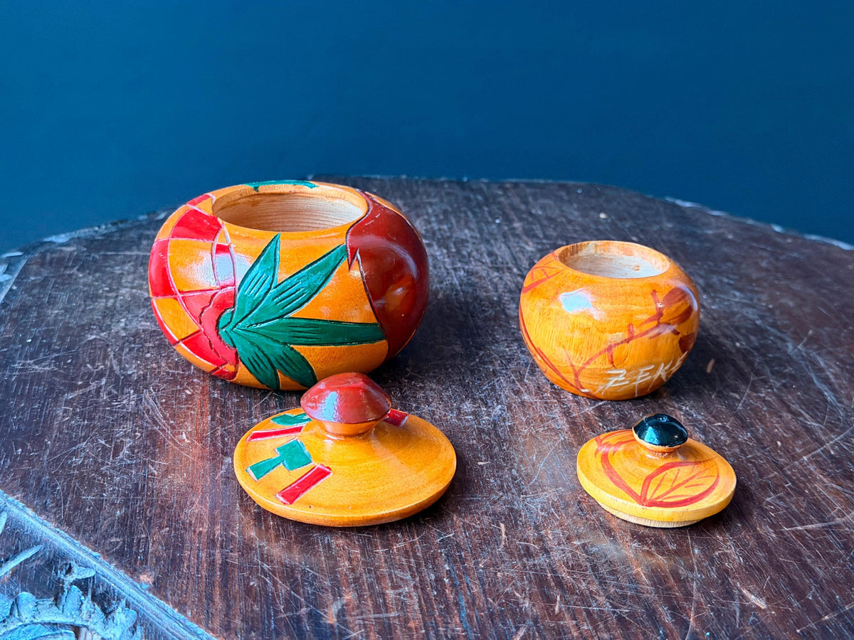 Vintage Carved Wood Lidded Jars Set Hand Painted Haitian Caribbean Folk Art