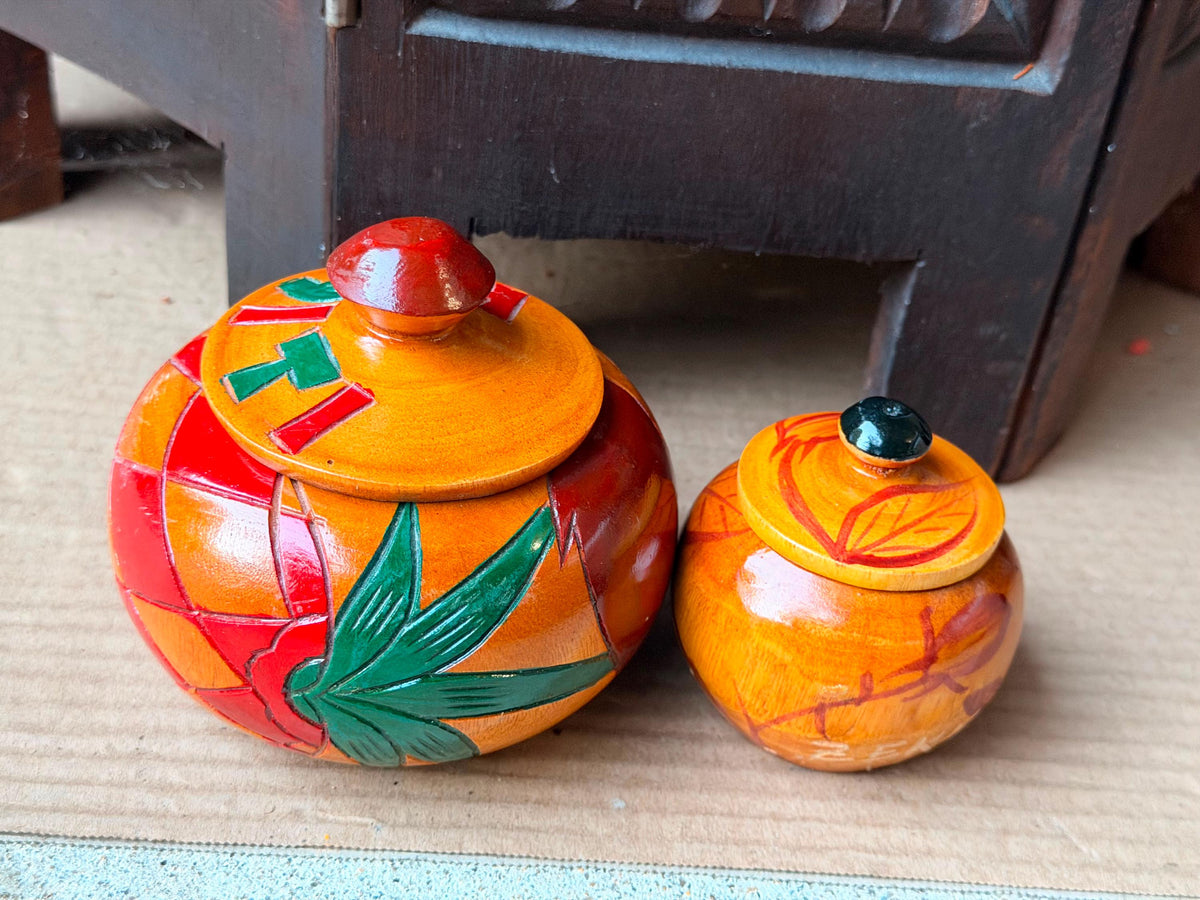 Vintage Carved Wood Lidded Jars Set Hand Painted Haitian Caribbean Folk Art