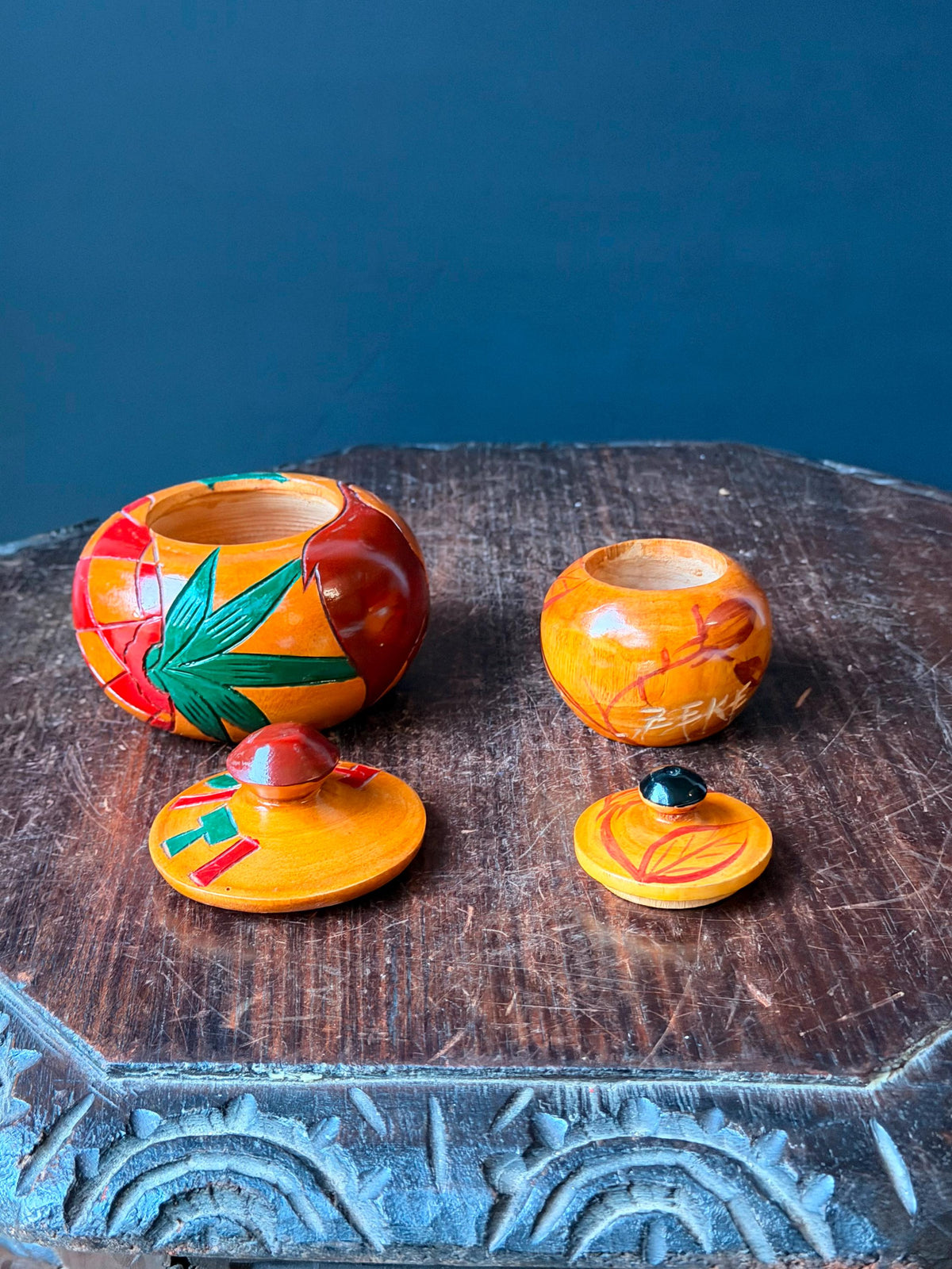 Vintage Carved Wood Lidded Jars Set Hand Painted Haitian Caribbean Folk Art