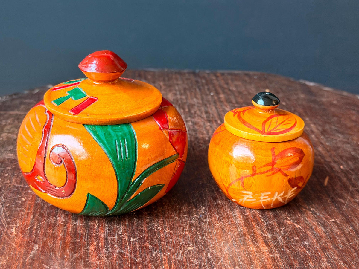 Vintage Carved Wood Lidded Jars Set Hand Painted Haitian Caribbean Folk Art
