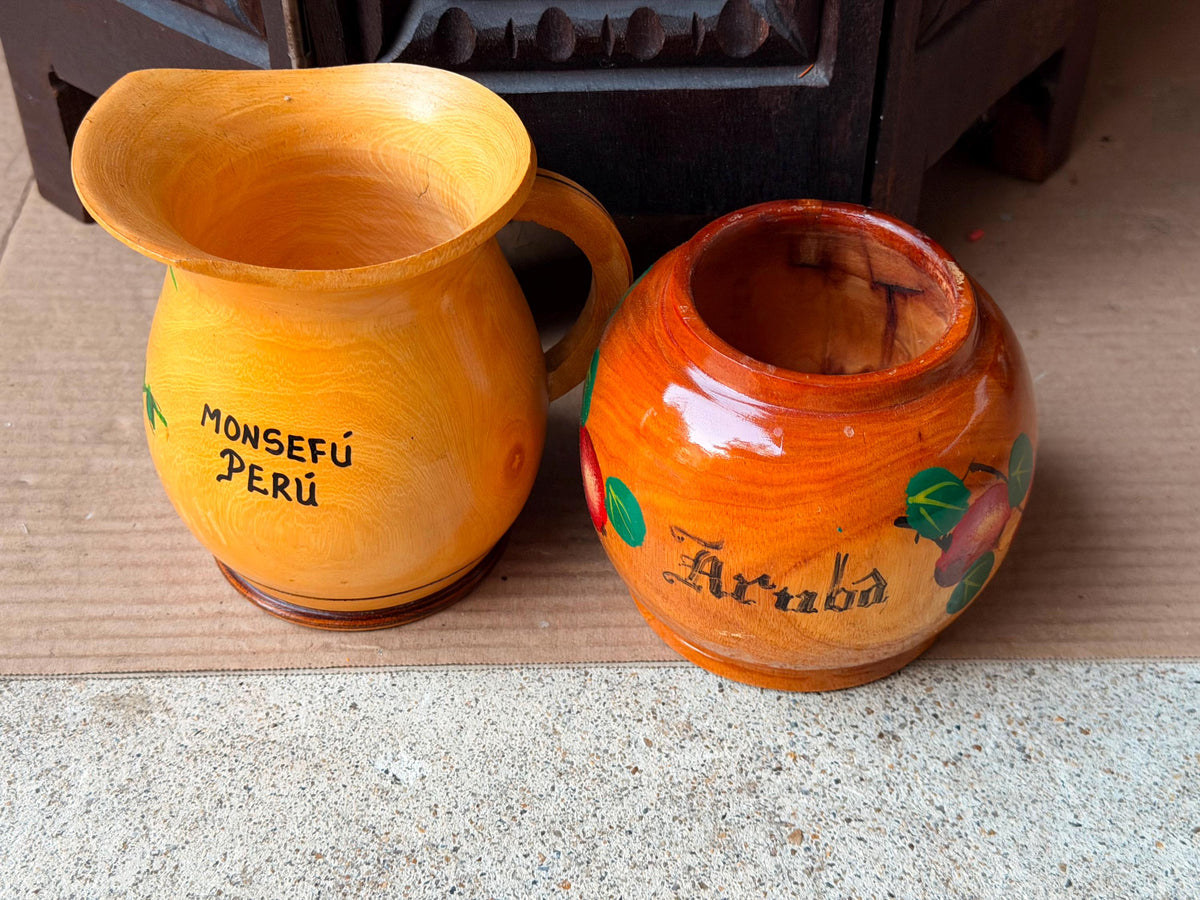 Vintage Carved Wood Pitcher Vessel Set Hand Painted Peru Aruba Folk Art