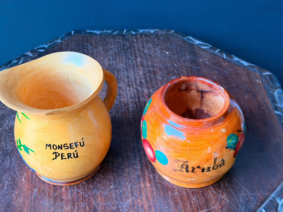 Vintage Carved Wood Pitcher Vessel Set Hand Painted Peru Aruba Folk Art