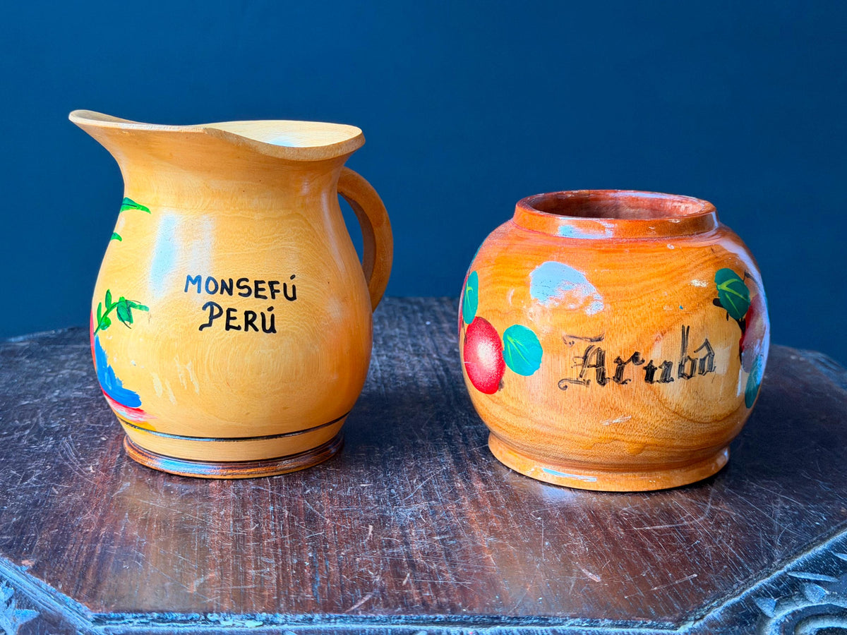 Vintage Carved Wood Pitcher Vessel Set Hand Painted Peru Aruba Folk Art