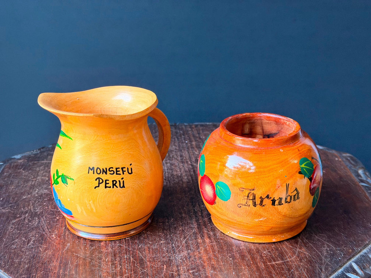 Vintage Carved Wood Pitcher Vessel Set Hand Painted Peru Aruba Folk Art