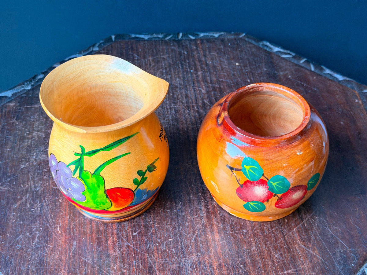 Vintage Carved Wood Pitcher Vessel Set Hand Painted Peru Aruba Folk Art