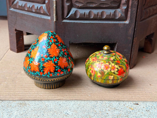 Vintage Papier Mache Lidded Box Set Hand Painted Indian Folk Art Floral