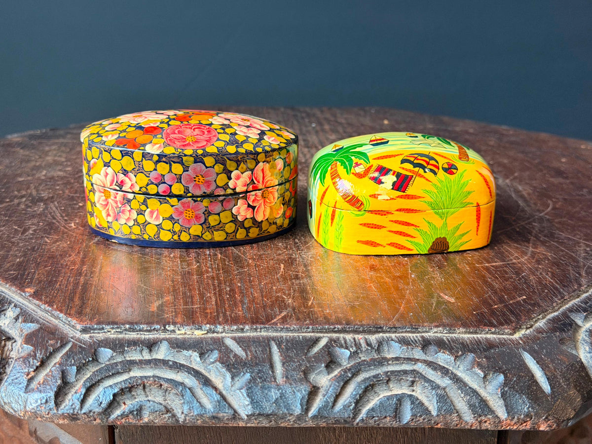 Vintage Hand Painted Papier Mache Box Set Floral Tropical Beach Folk Art 4"