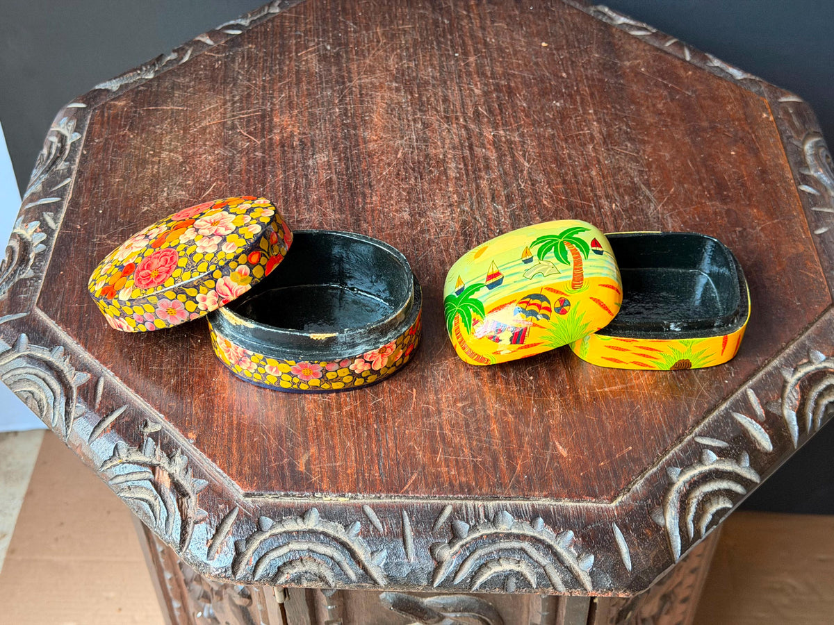 Vintage Hand Painted Papier Mache Box Set Floral Tropical Beach Folk Art 4"