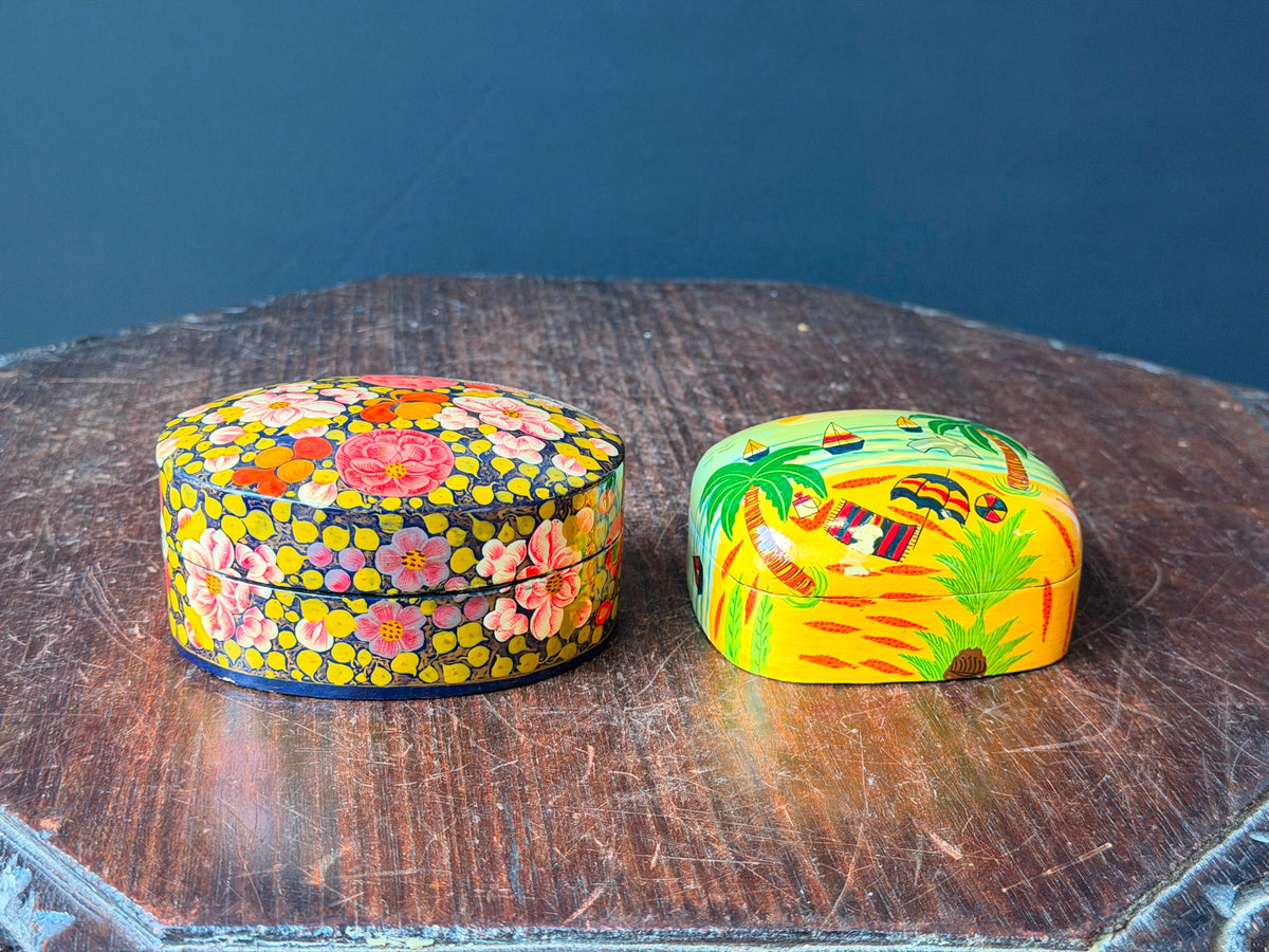 Vintage Hand Painted Papier Mache Box Set Floral Tropical Beach Folk Art 4"