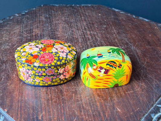 Vintage Hand Painted Papier Mache Box Set Floral Tropical Beach Folk Art 4"