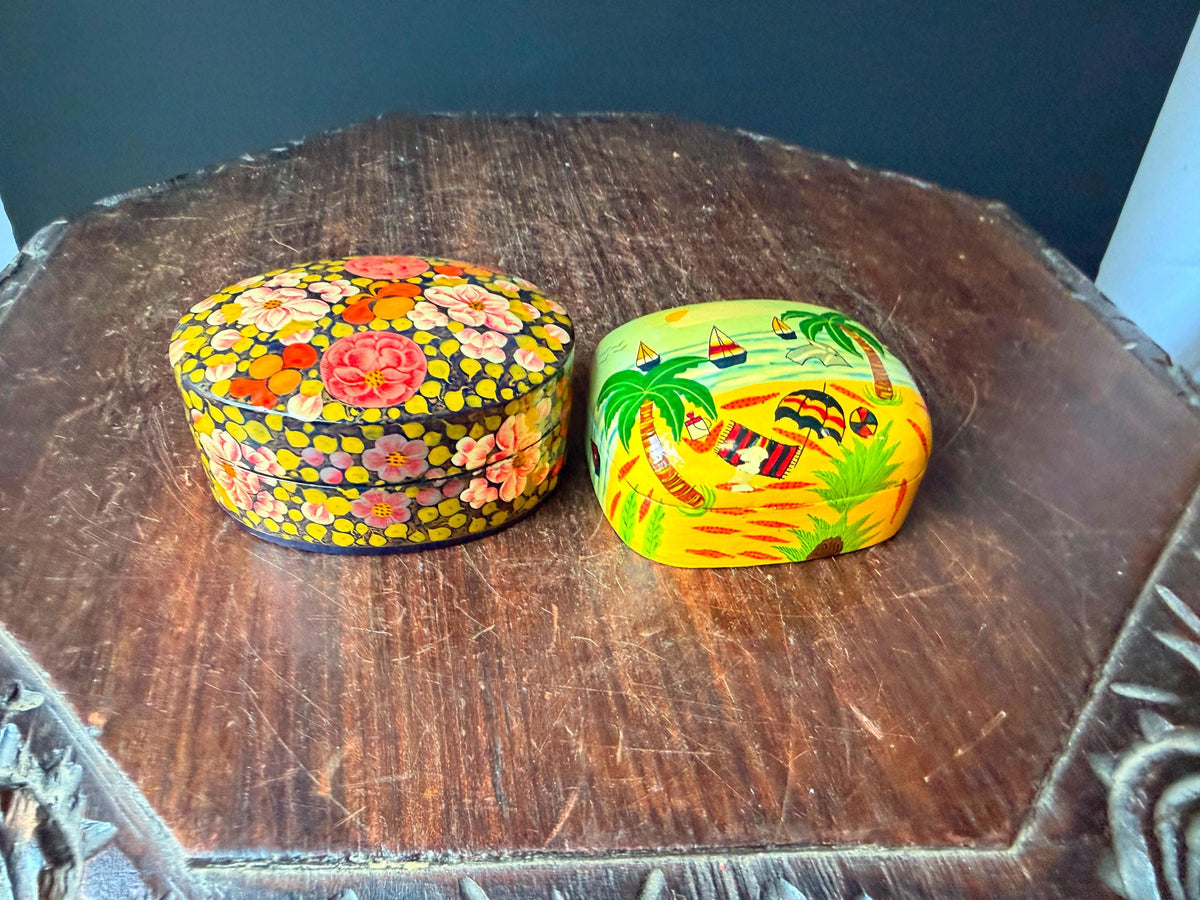 Vintage Hand Painted Papier Mache Box Set Floral Tropical Beach Folk Art 4"
