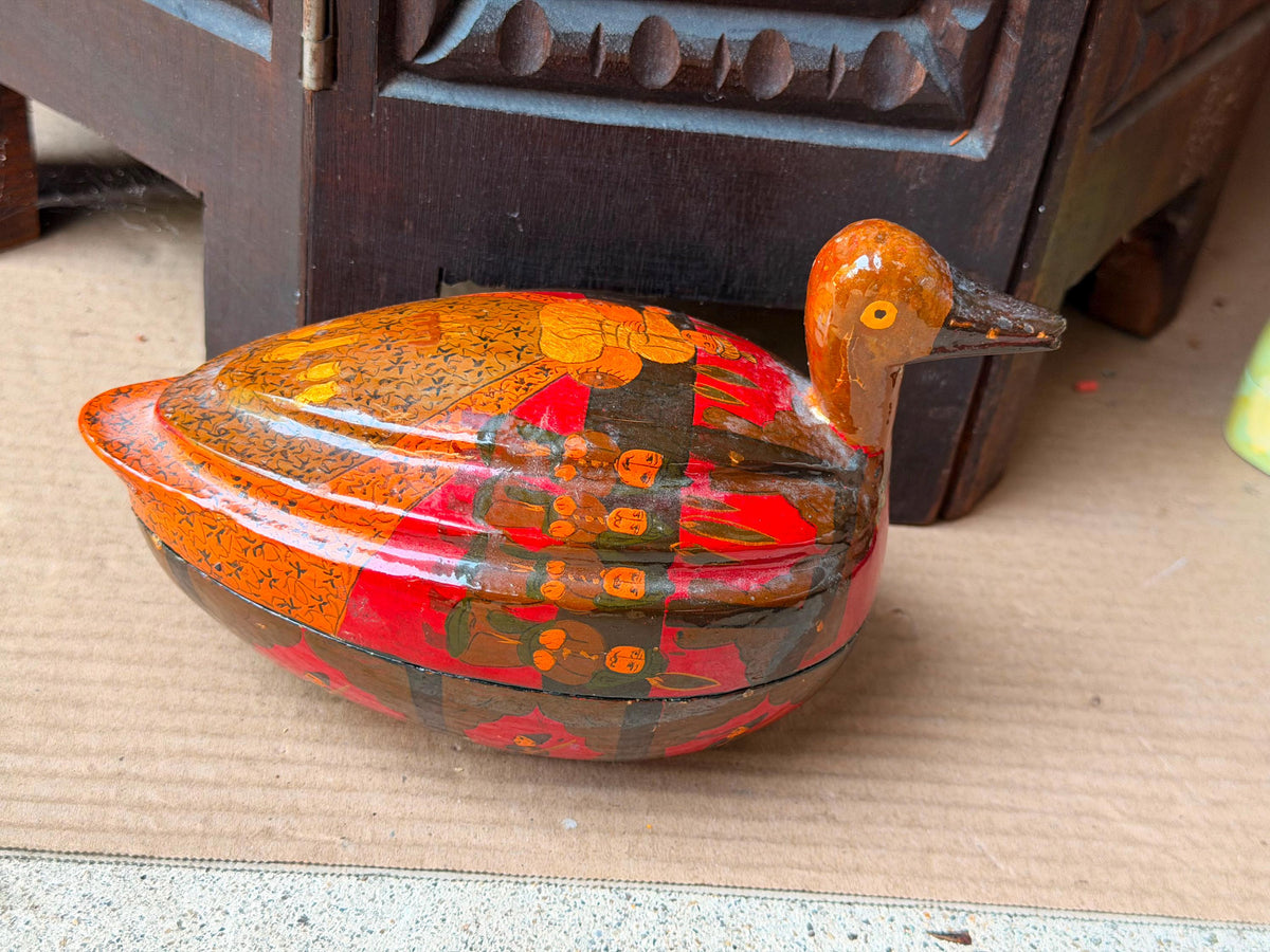 Vintage Hand Painted Papier Mache Duck Box Indian Folk Art Lidded Vessel 7.5"
