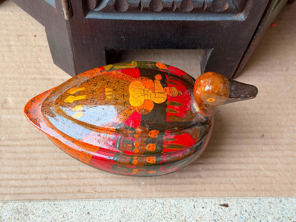 Vintage Hand Painted Papier Mache Duck Box Indian Folk Art Lidded Vessel 7.5"