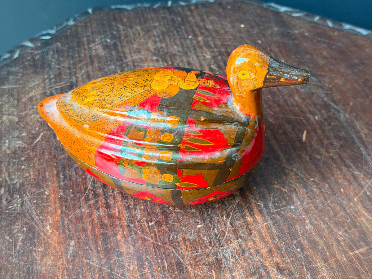 Vintage Hand Painted Papier Mache Duck Box Indian Folk Art Lidded Vessel 7.5"