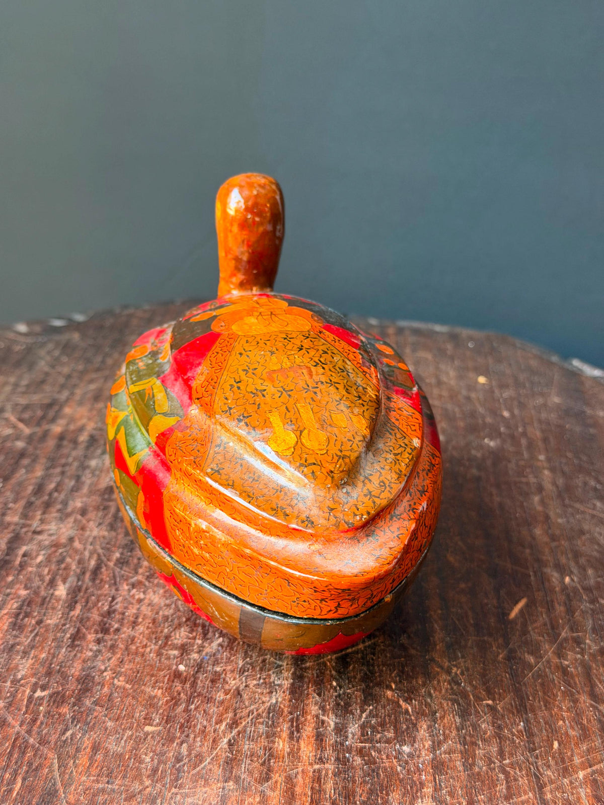 Vintage Hand Painted Papier Mache Duck Box Indian Folk Art Lidded Vessel 7.5"