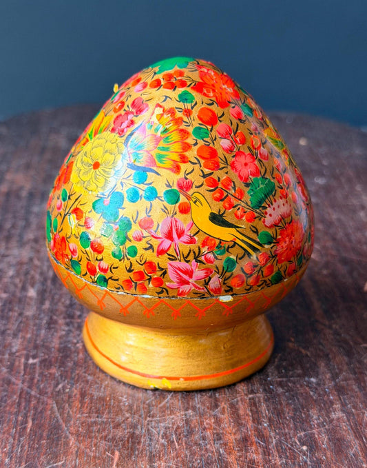 Vintage Hand Painted Papier Mache Egg Box Floral Bird Decorative Trinket Vessel