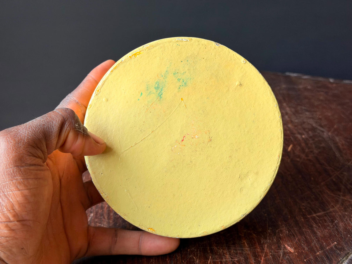Vintage Hand Painted Papier Mache Box Yellow Floral Round Trinket Vessel