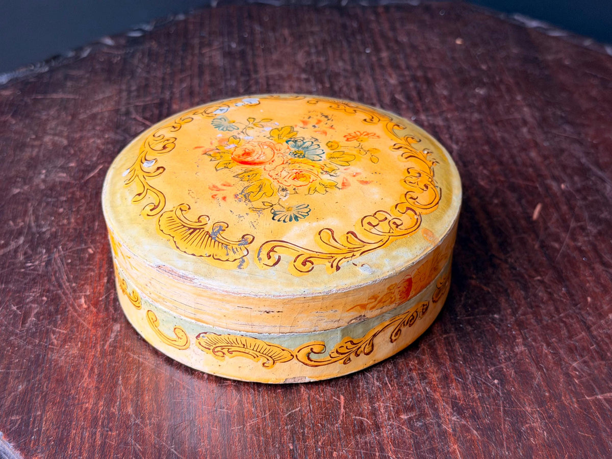 Vintage Hand Painted Papier Mache Box Yellow Floral Round Trinket Vessel