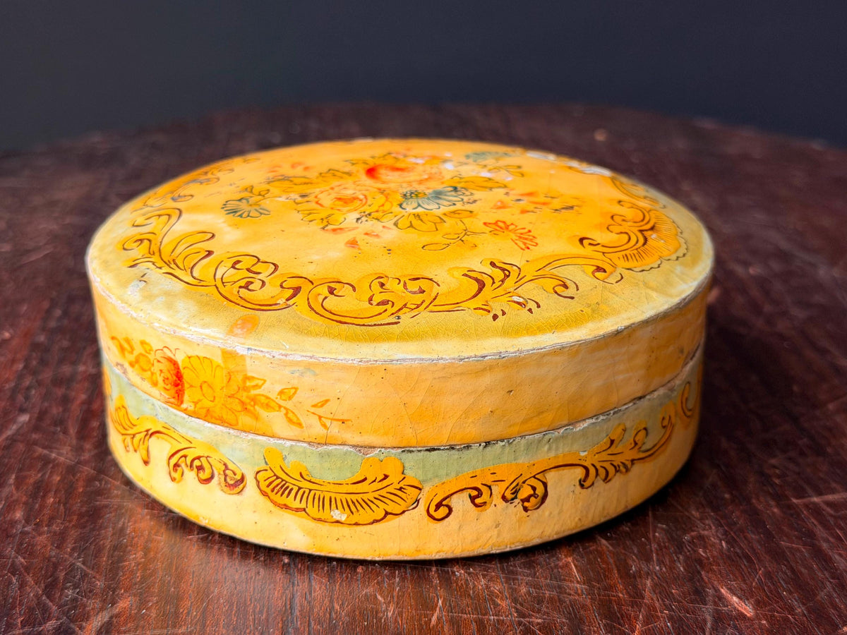 Vintage Hand Painted Papier Mache Box Yellow Floral Round Trinket Vessel