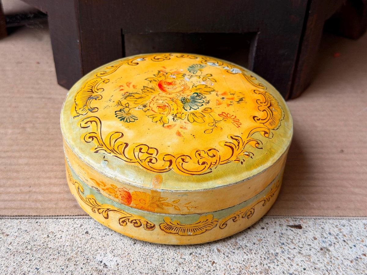 Vintage Hand Painted Papier Mache Box Yellow Floral Round Trinket Vessel