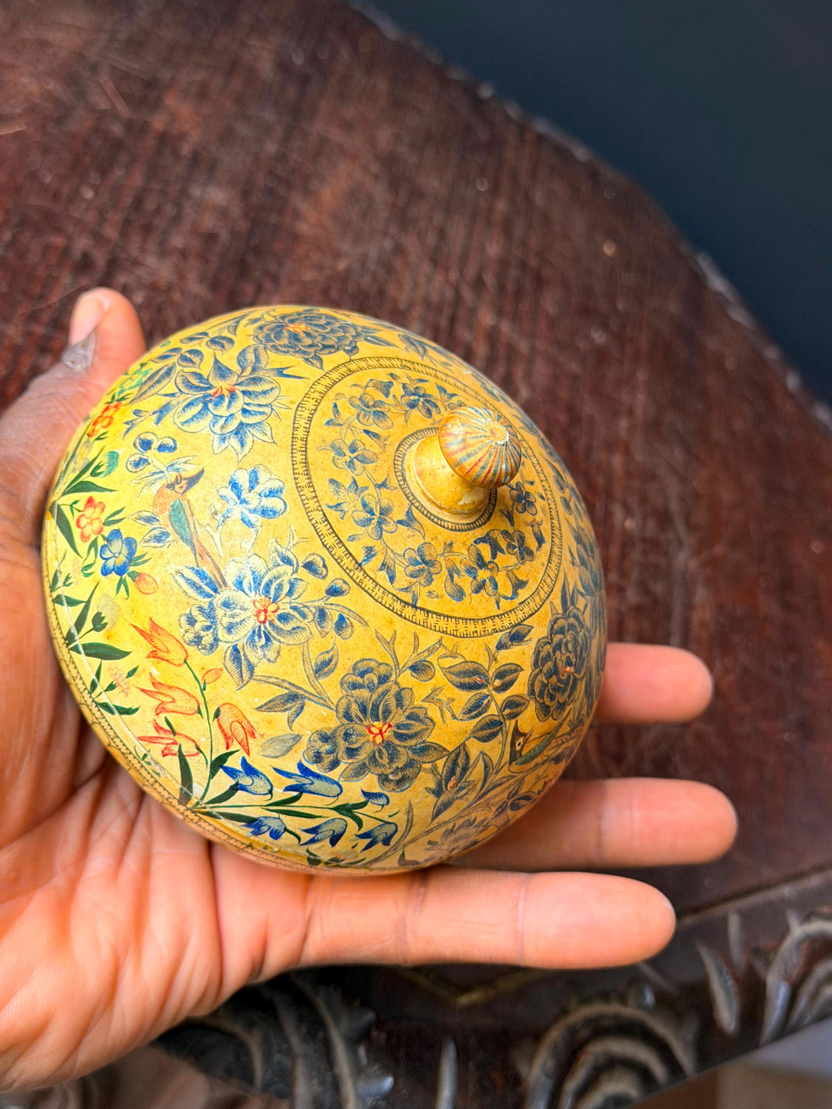 Vintage Hand Painted Papier Mache Box Yellow Blue Floral Bird Trinket Vessel