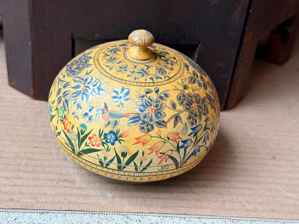 Vintage Hand Painted Papier Mache Box Yellow Blue Floral Bird Trinket Vessel