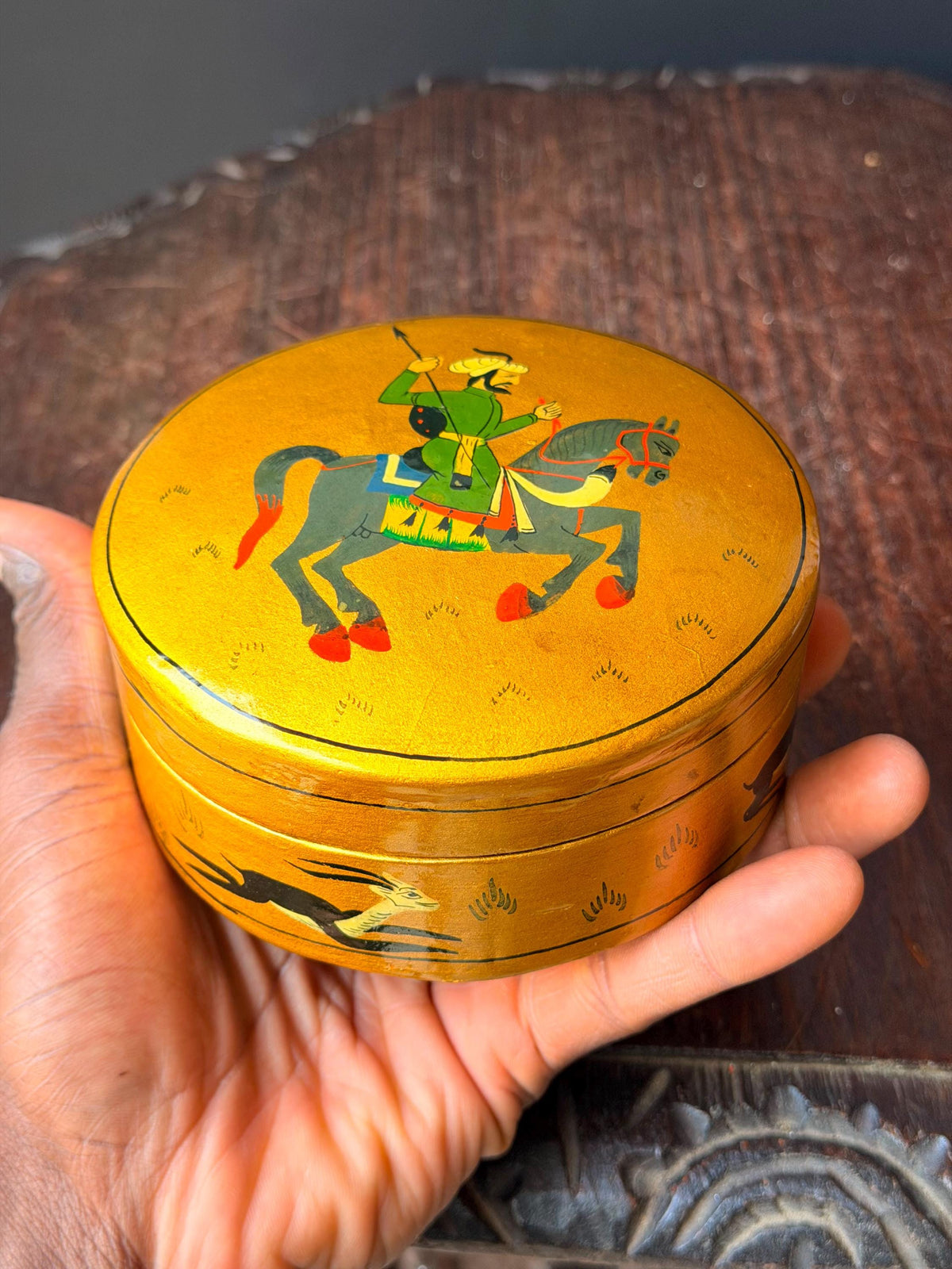 Vintage Hand Painted Papier Mache Box Gold Equestrian Horse Hunting Vessel