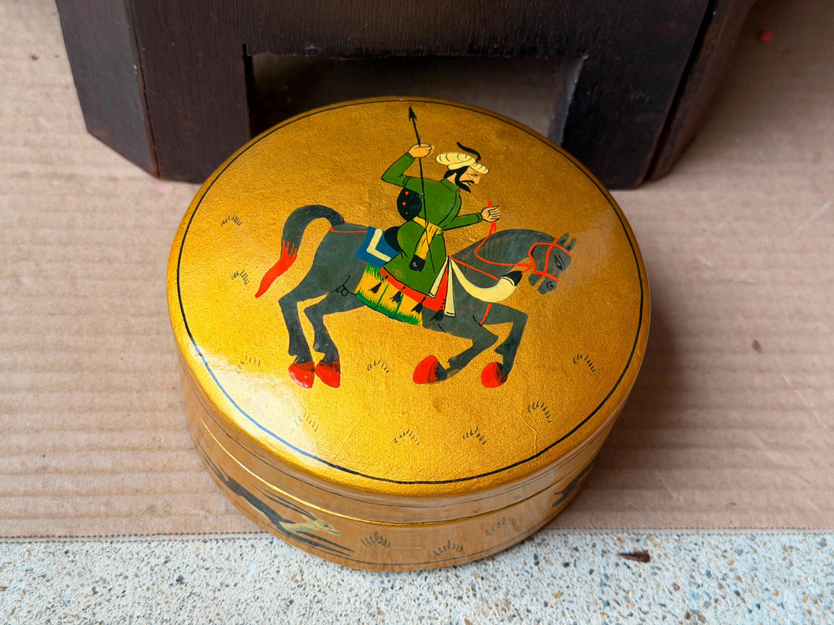 Vintage Hand Painted Papier Mache Box Gold Equestrian Horse Hunting Vessel