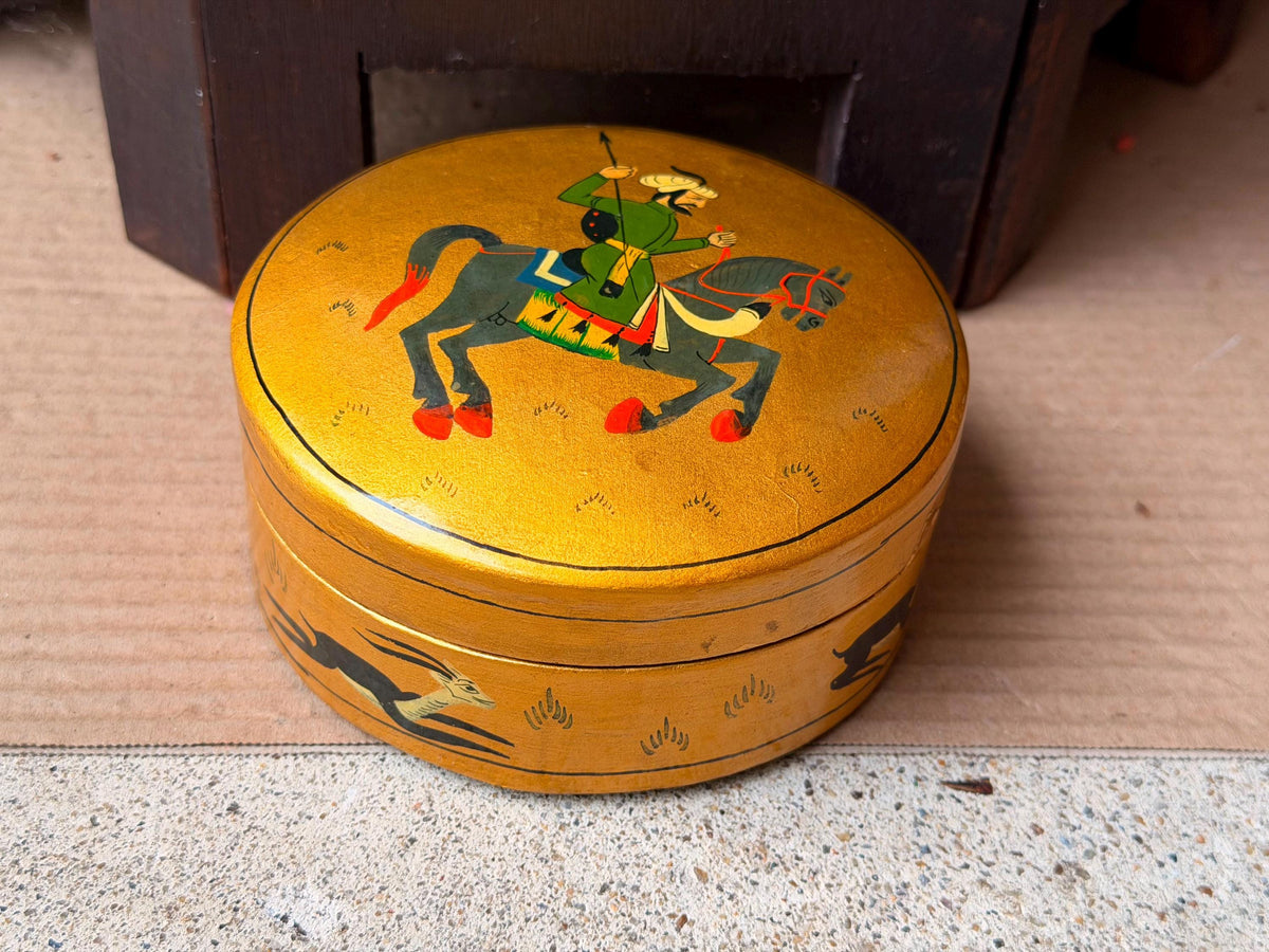 Vintage Hand Painted Papier Mache Box Gold Equestrian Horse Hunting Vessel
