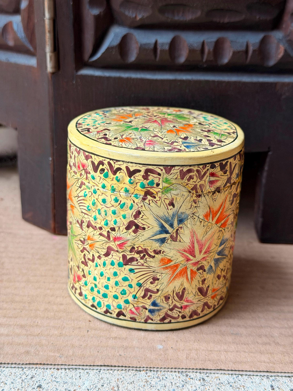 Vintage Hand Painted Papier Mache Cylindrical Box Chinar Leaf Trinket Vessel