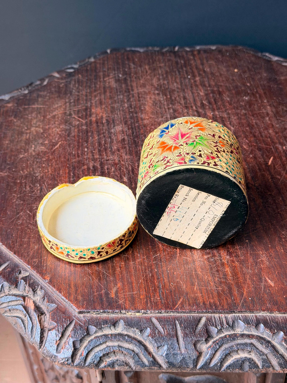 Vintage Hand Painted Papier Mache Cylindrical Box Chinar Leaf Trinket Vessel