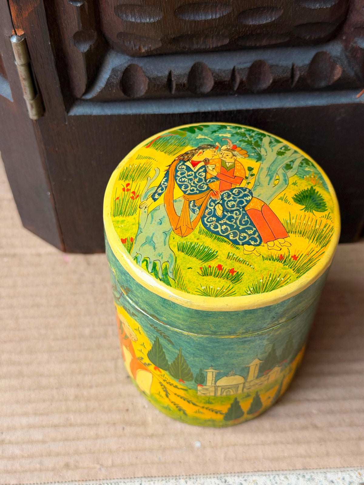 Vintage Hand Painted Papier Mache Canister Figural Miniature Scene Box