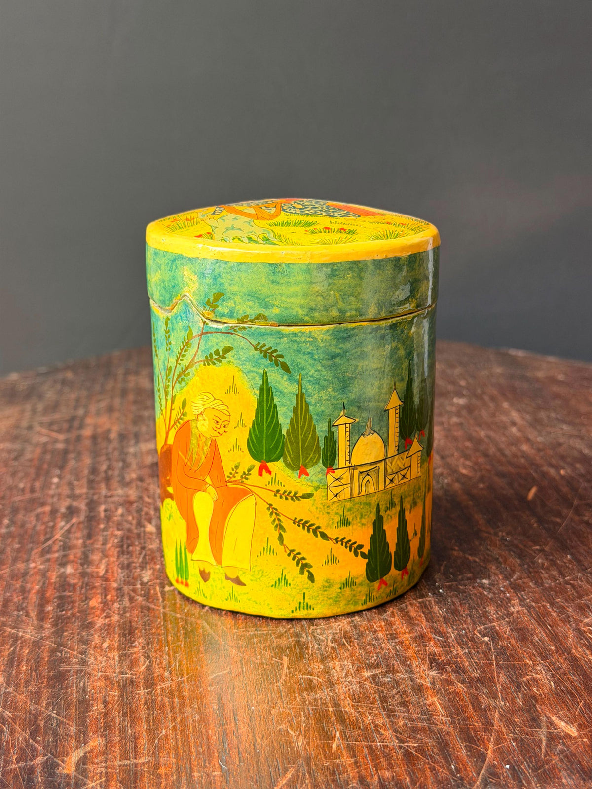 Vintage Hand Painted Papier Mache Canister Figural Miniature Scene Box