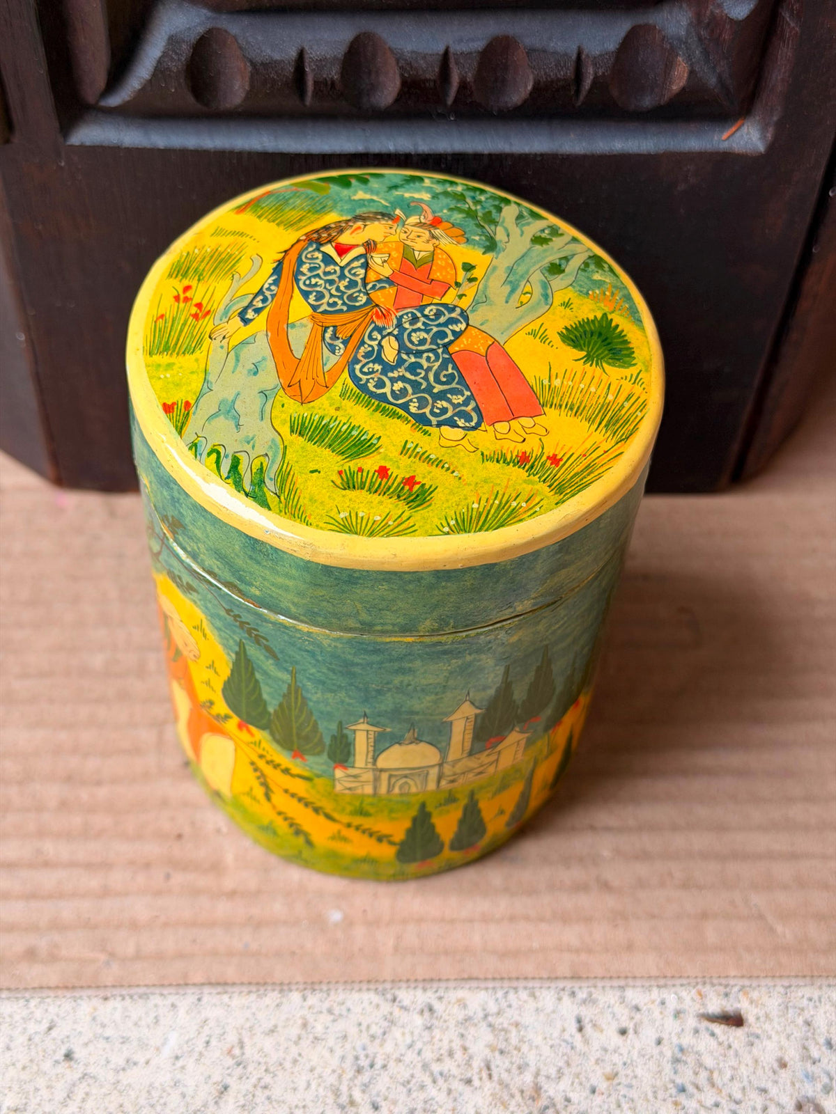 Vintage Hand Painted Papier Mache Canister Figural Miniature Scene Box