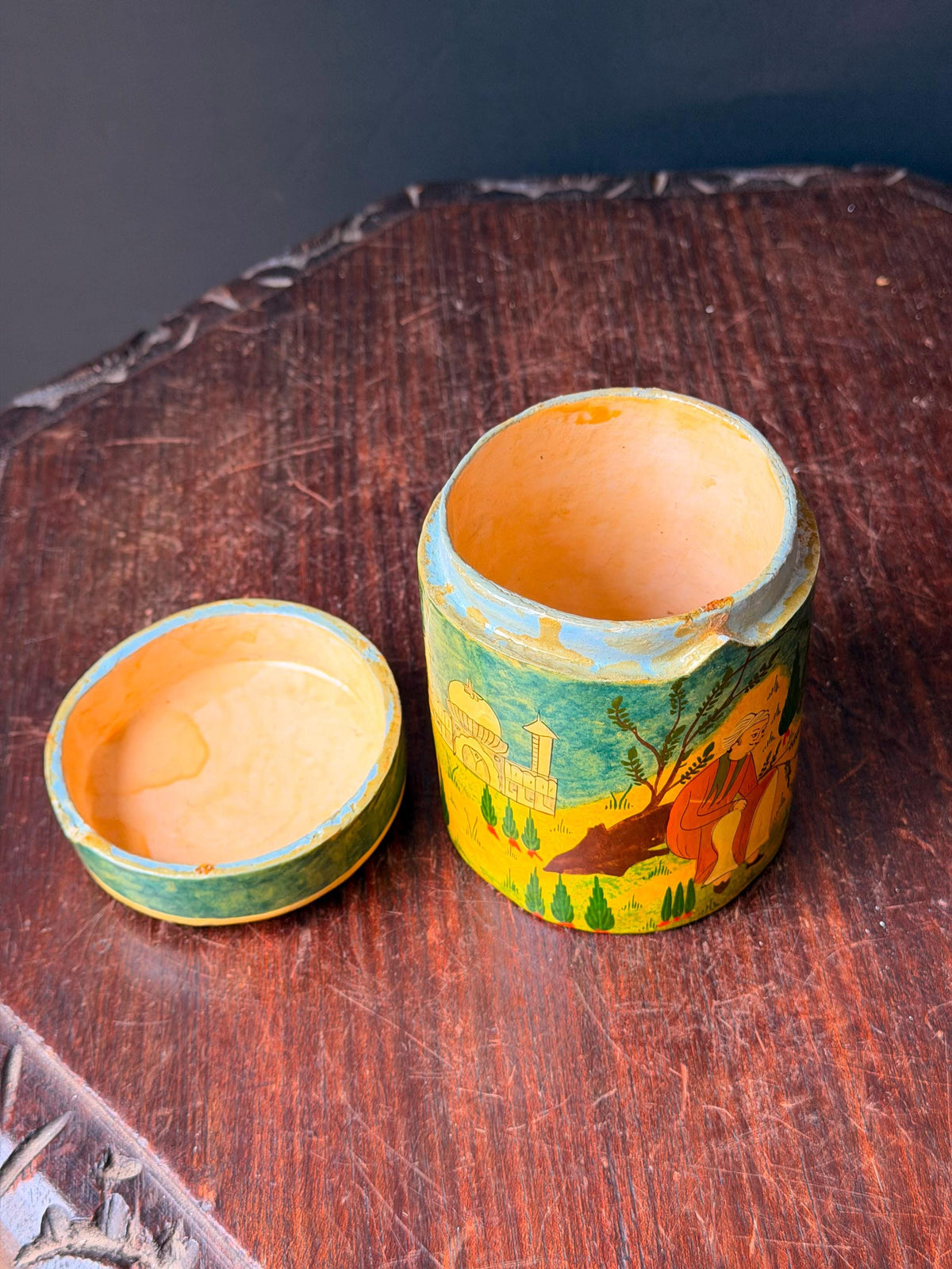 Vintage Hand Painted Papier Mache Canister Figural Miniature Scene Box