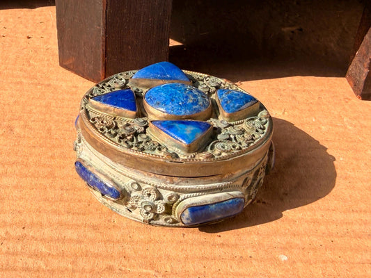 Vintage Lapis Lazuli Filigree Metal Trinket Box Round Silk Road Jewelry Vessel