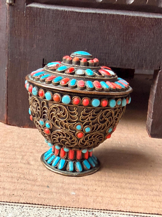 Vintage Himalayan Filigree Pedestal Vessel Turquoise Coral Inlay Ritual Dish