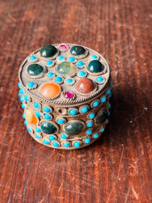 Vintage Himalayan Agate Turquoise Filigree Metal Trinket Box Silk Road Vessel