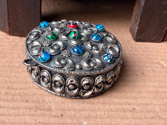 Vintage Silk Road Metal Trinket Box Velvet Lined Art Glass Cabochon Inlay