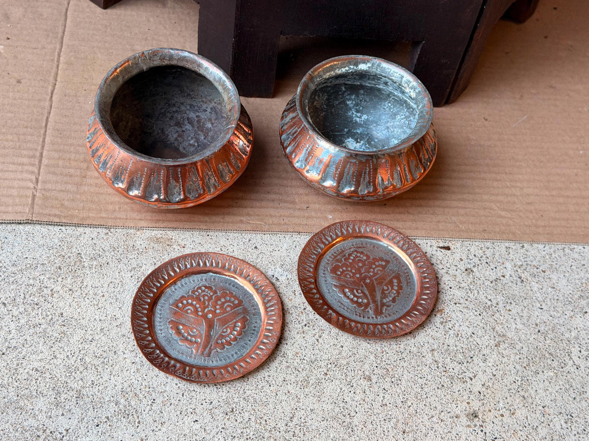 Vintage Tinned Copper Bowl Set Hand Hammered Small Trinket Vessel Pair 4in