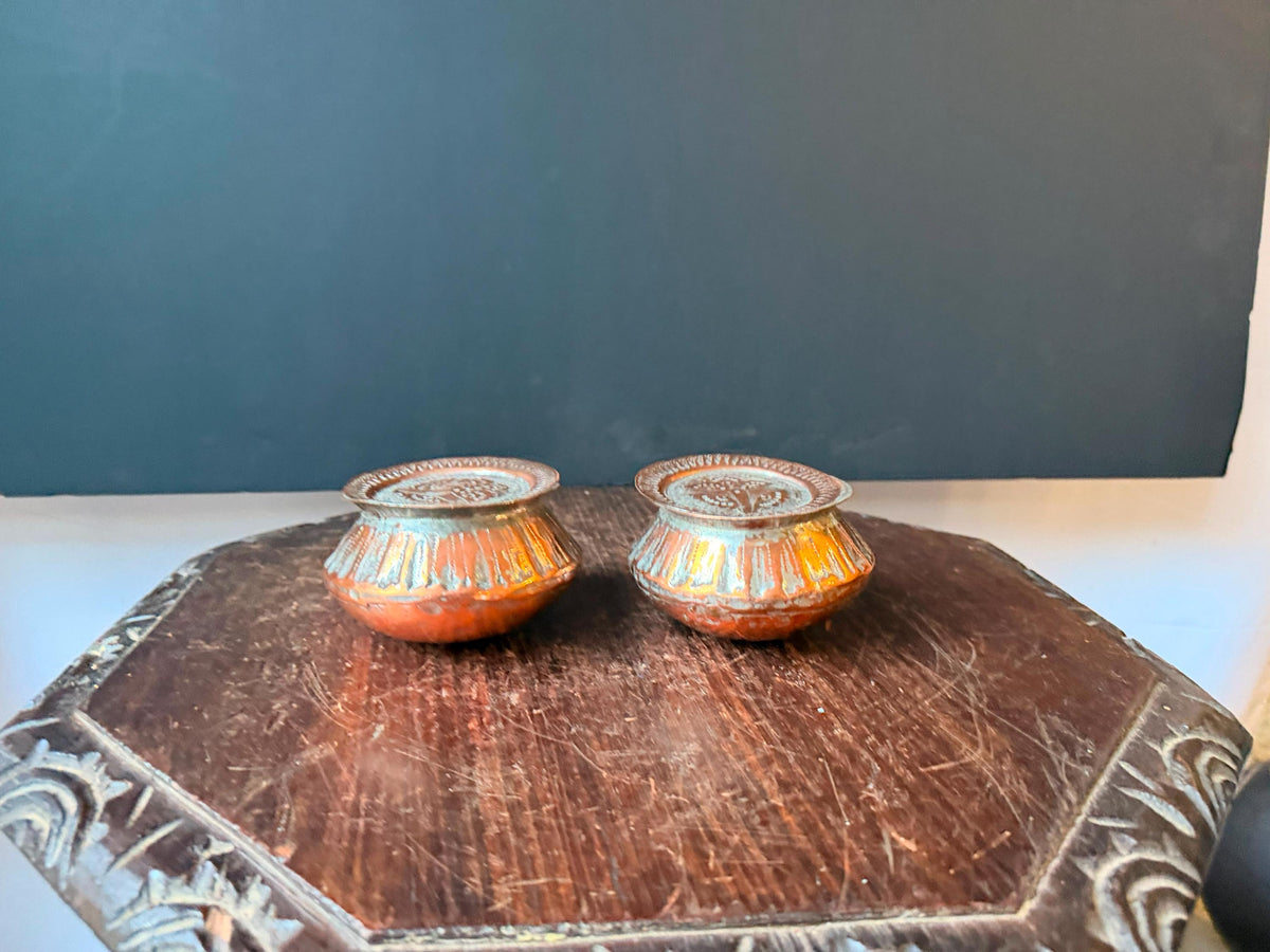 Vintage Tinned Copper Bowl Set Hand Hammered Small Trinket Vessel Pair 4in